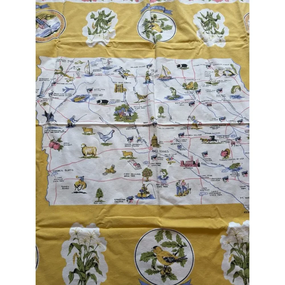Vintage Iowa State Souvenir Tablecloth 44” Square Hawkeye State Map Cotton 60s